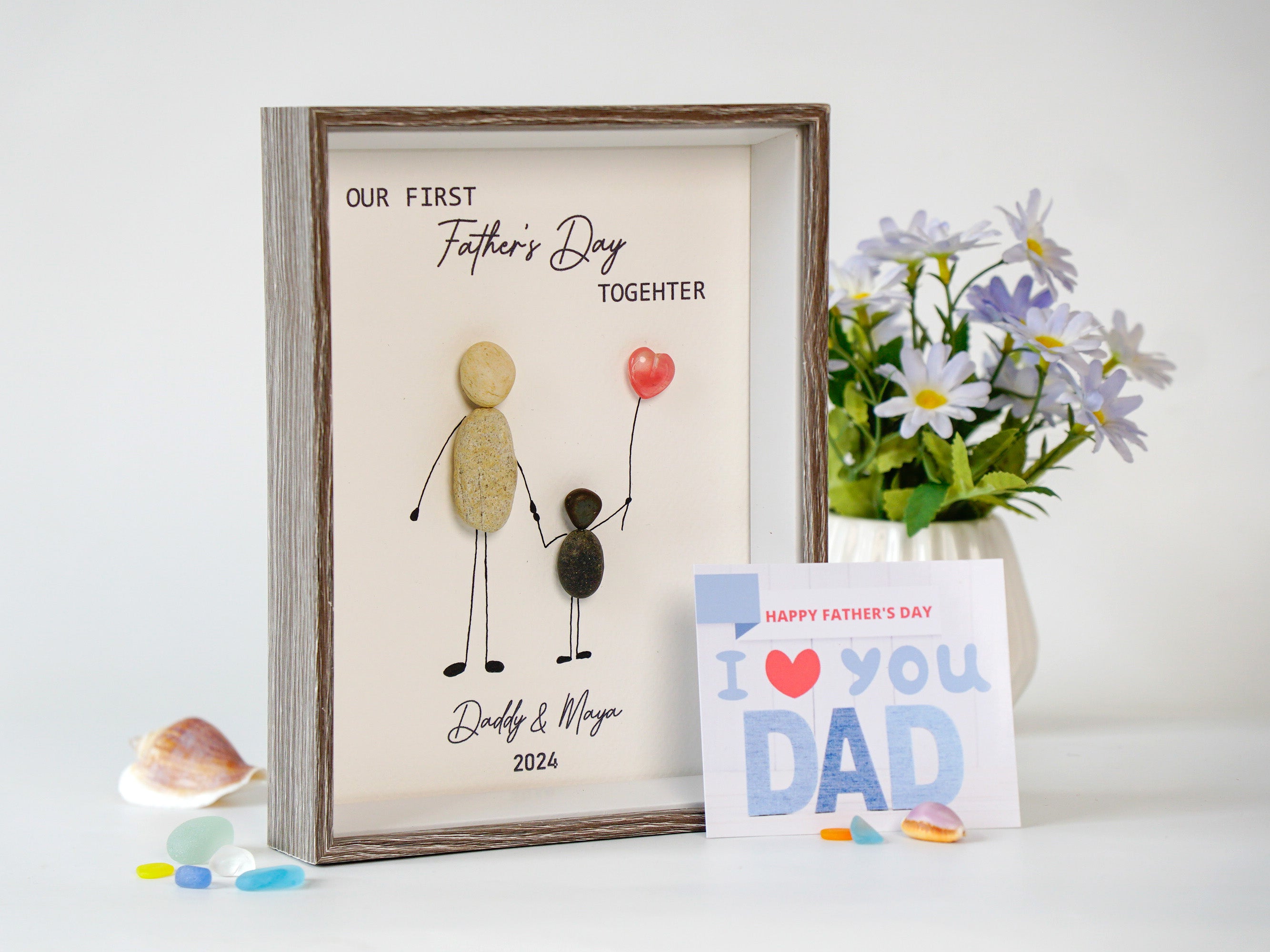 First Father’s Day Pebble Art Handmade Keepsake, Personalized Gift for Dad from Daughter, Rustic Family Frame Decor