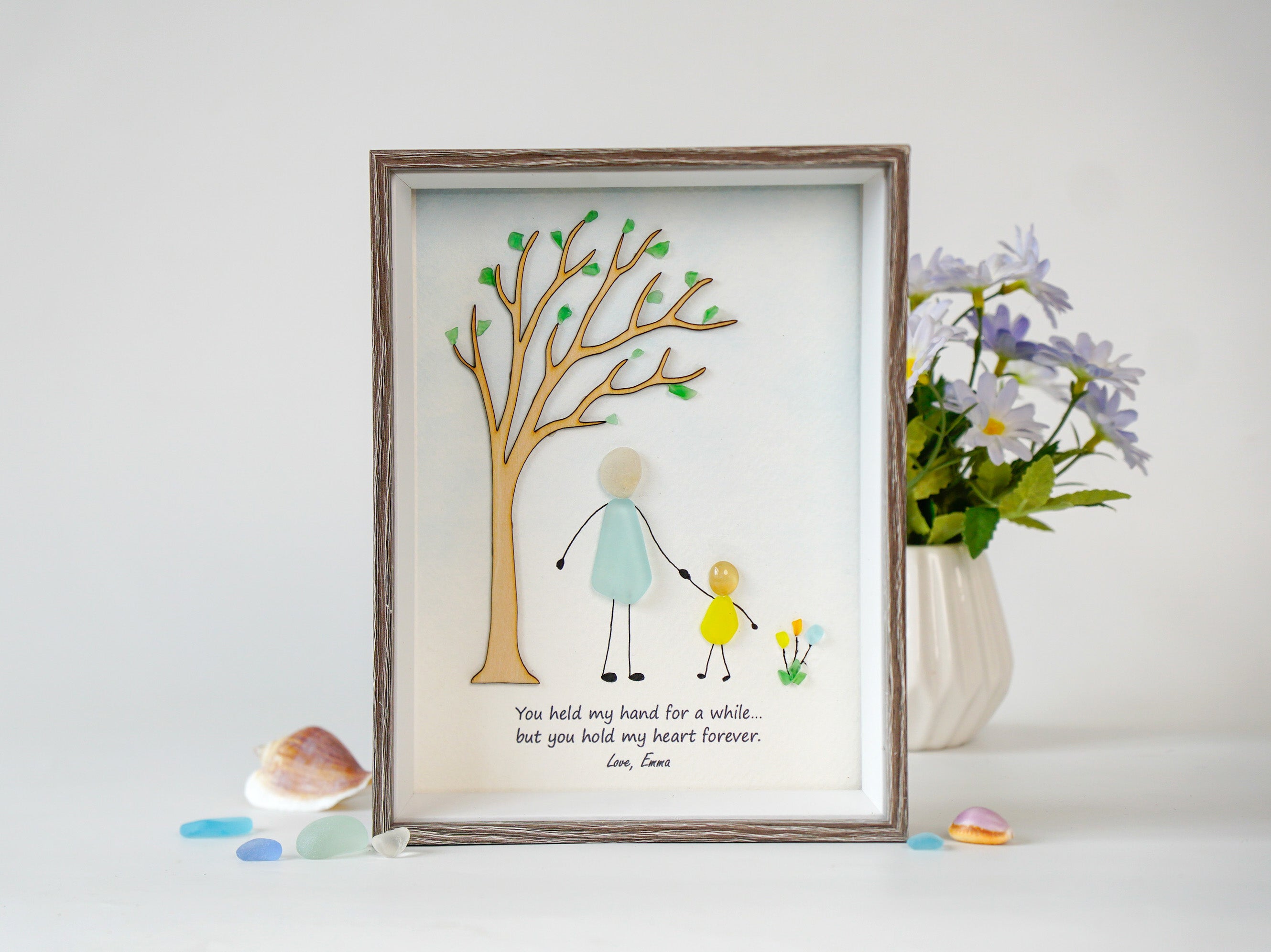 Rooted in Love Pebble Art Handmade Keepsake, Personalized Father and Children Gift, Family Tree Frame Decor