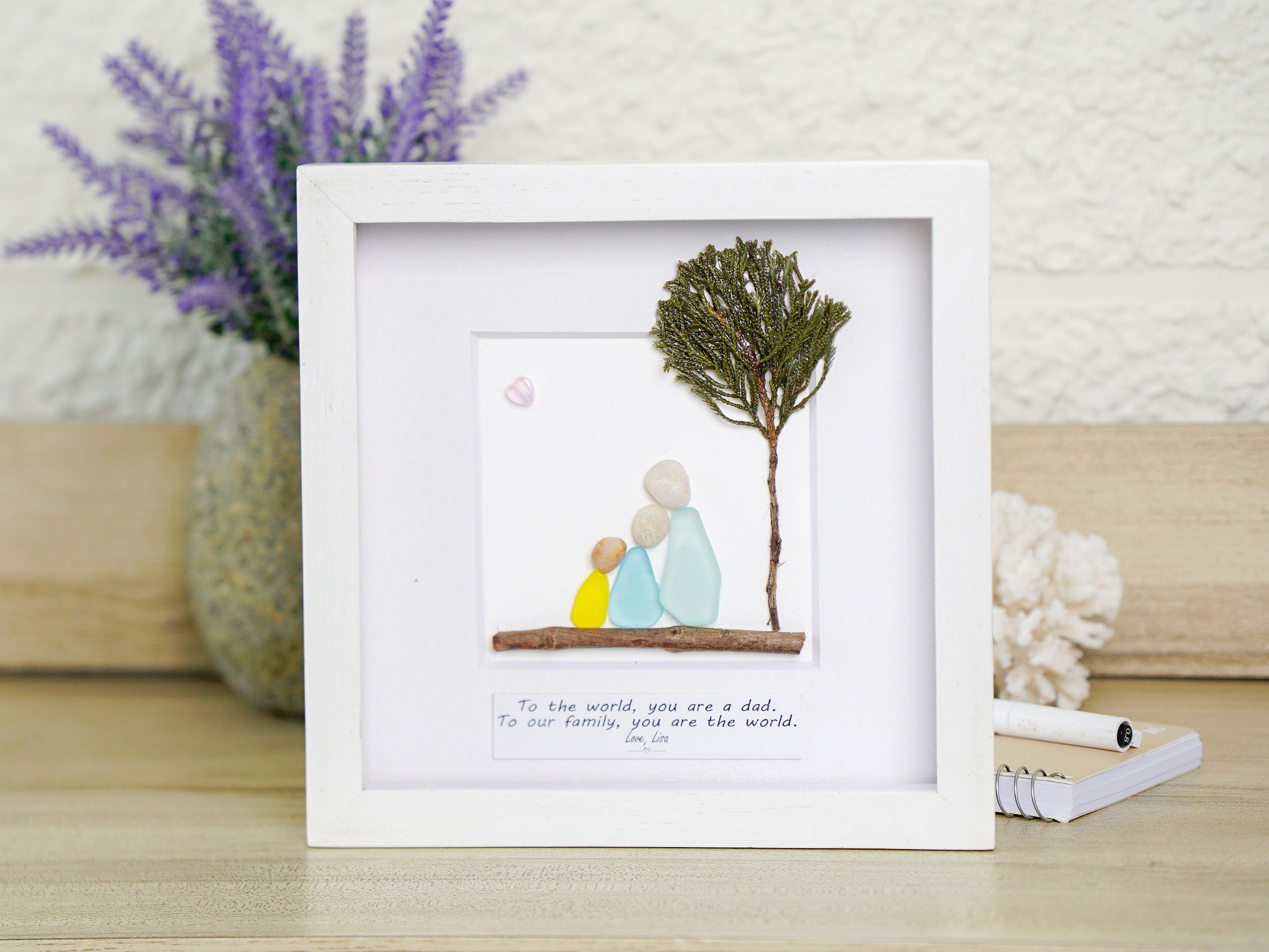Family Pebble Art Handmade Keepsake for Dad, Personalized Sea Glass Picture Frame, Meaningful Gift from Kids
