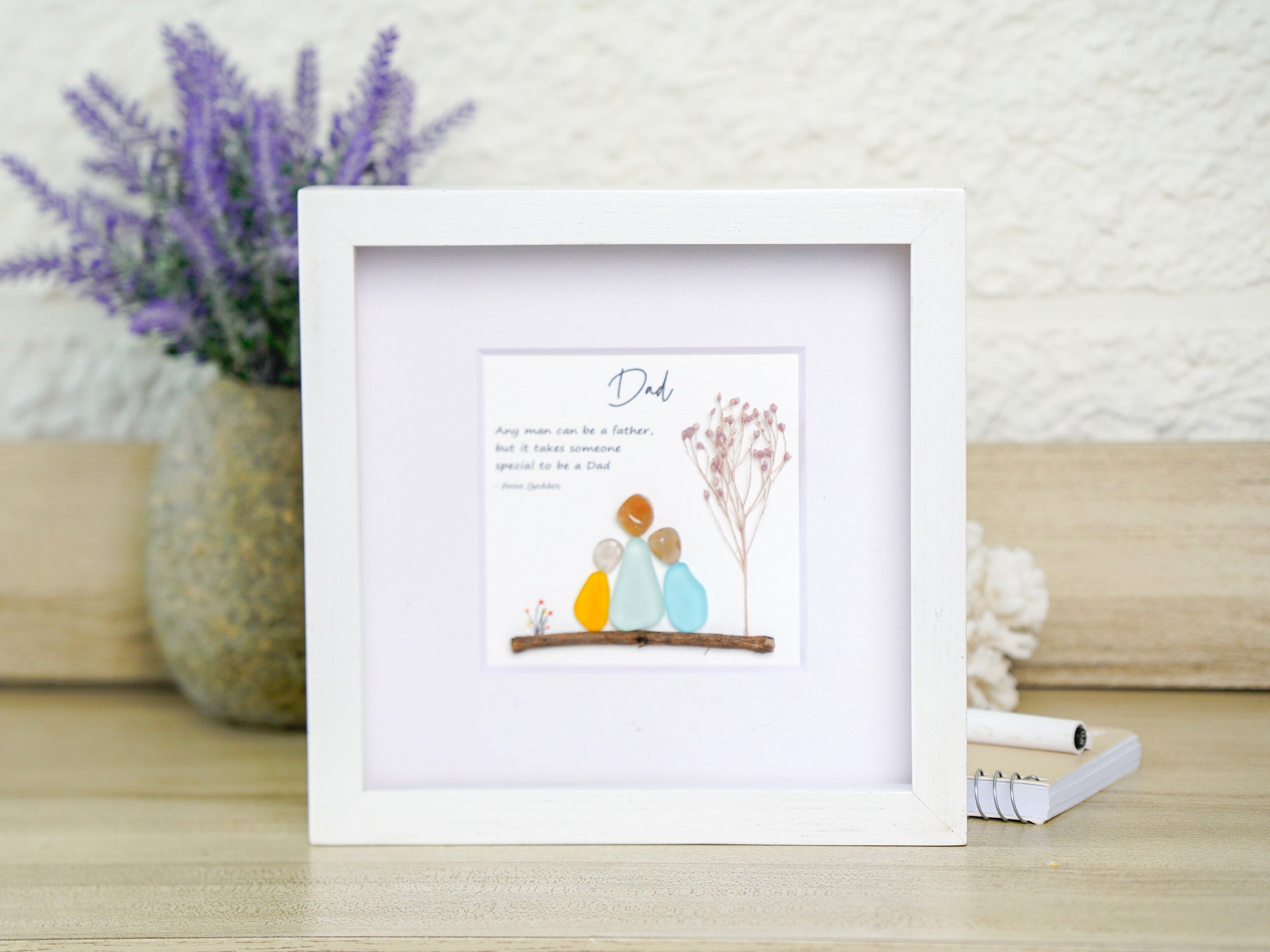 Personalized Handmade Pebble Arts - Custom Family Sea Glass Picture - Handcrafted Dad Gift from Kids - Unique Father's Day Frame