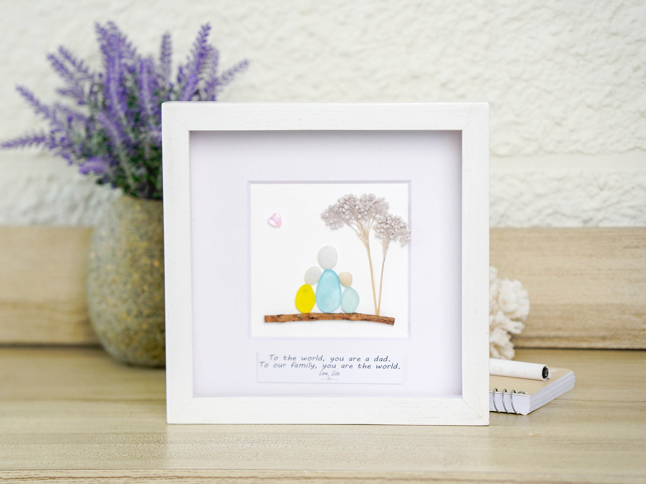 To Our Family, You Are the World – Personalized Pebble Art Handmade Keepsake for Dad, Meaningful Family Gift