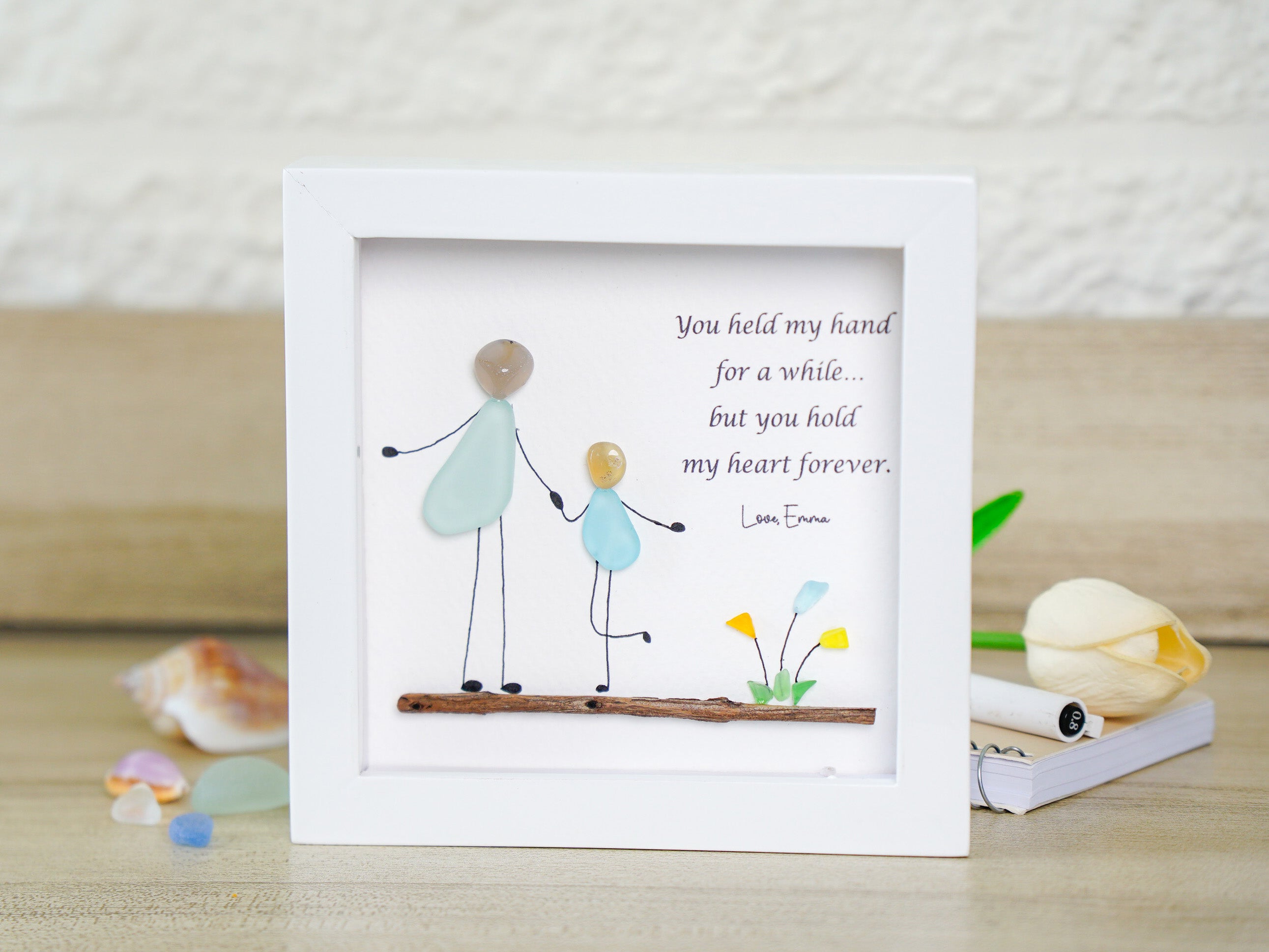 Personalized Parent and Child Pebble Arts Frame - Unique Sea Glass Shadow Box - Meaningful Gift for Mom, Grandma, Daughter, or Son