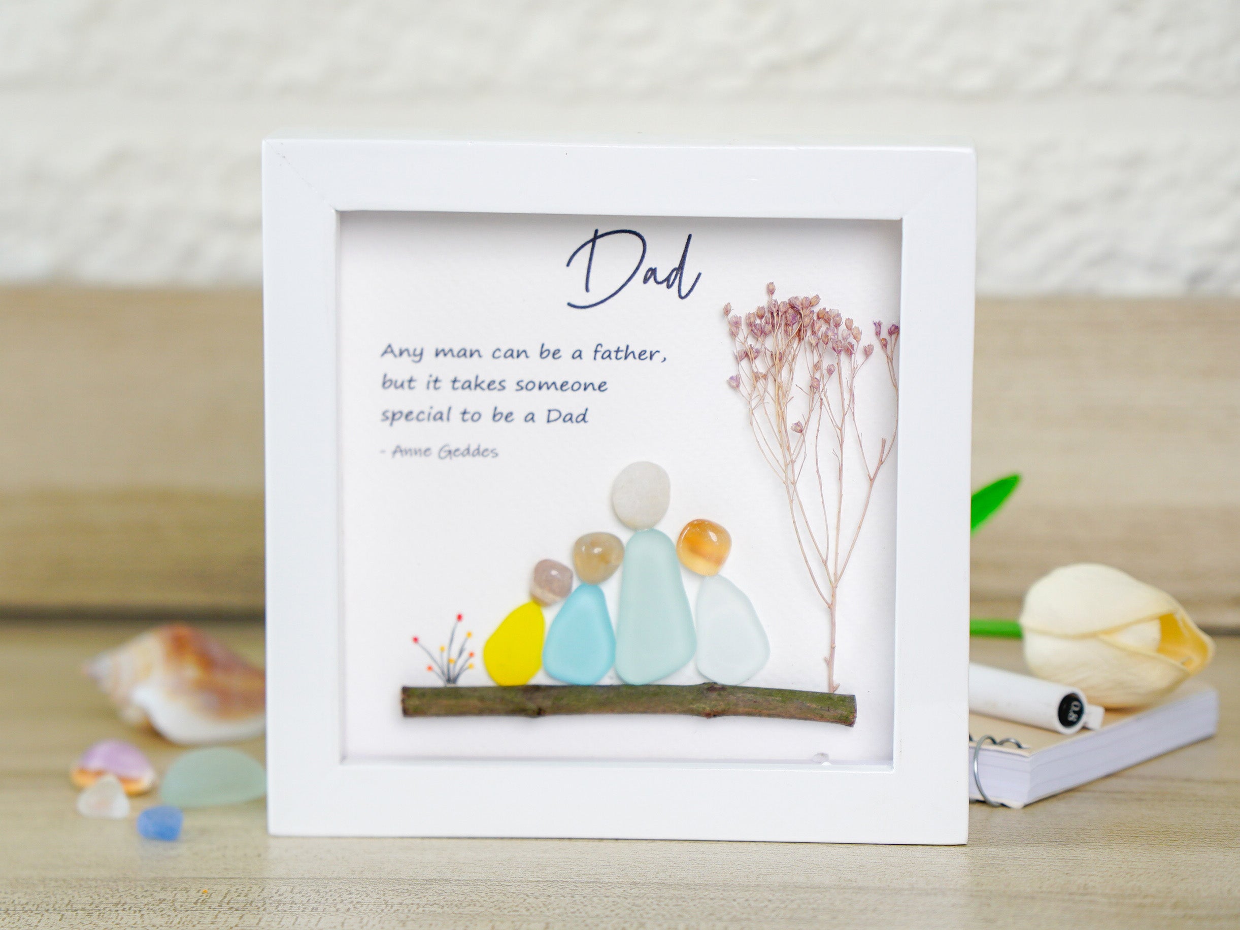 Personalized Dad Pebble Arts Frame - Unique Sea Glass Family Shadow Box - Meaningful Birthday, Father's Day, or Thank You Gift for Dad from Kids
