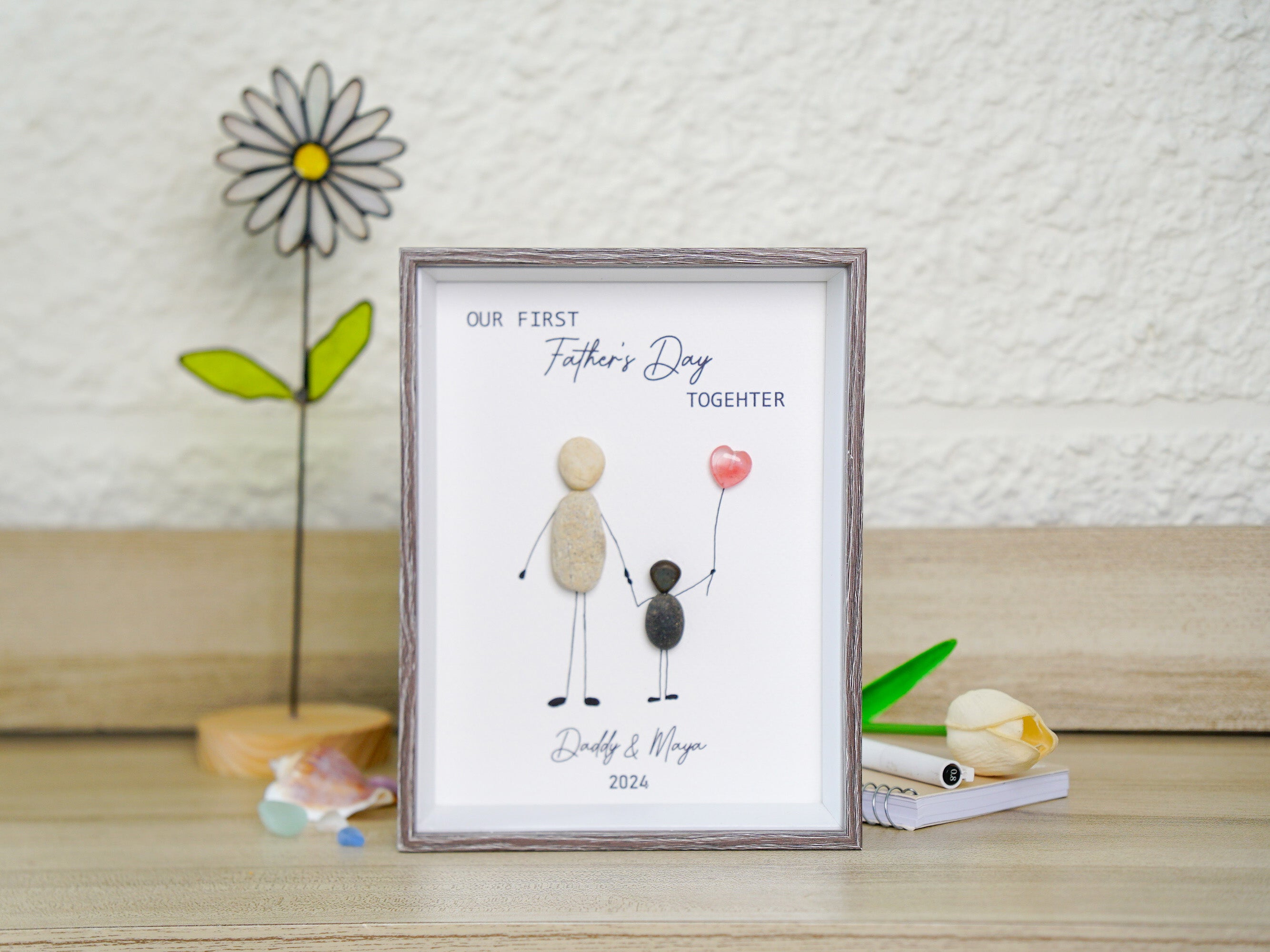 First Father’s Day Pebble Art Handmade Keepsake, Personalized Gift for Dad from Daughter, Rustic Family Frame Decor