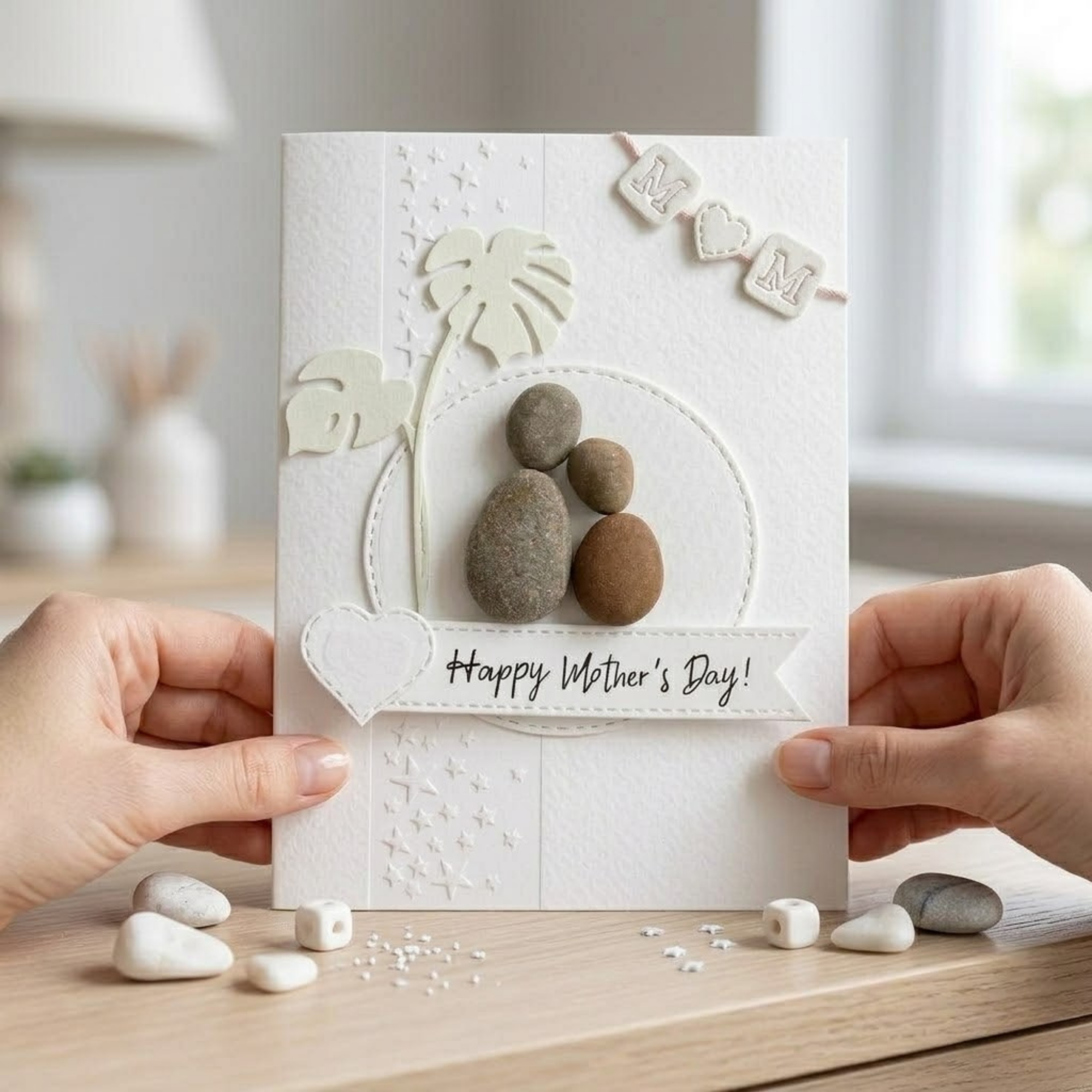 Happy Mother's Day Mom and Children Pebble Card, Handmade Pebble Artwork Cards