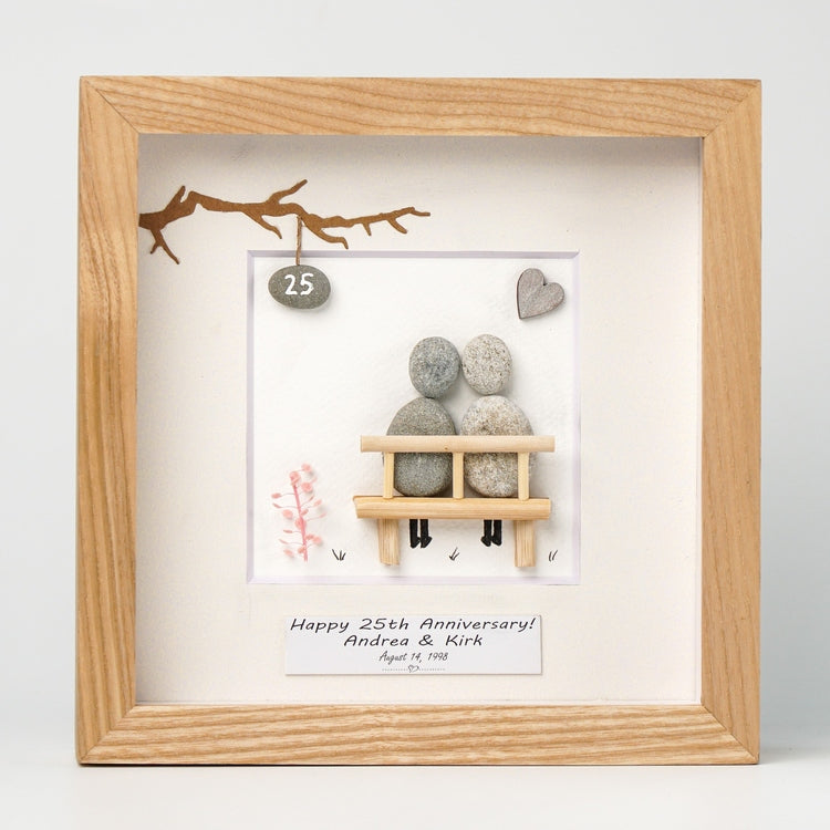 Dova Art Personalized 25th Wedding Anniversary Pebble Art, Couple Pebble Picture Framed Art - 8x8 inch Frame with Stand for Desktop or Wall Hanging by Dovaart.com