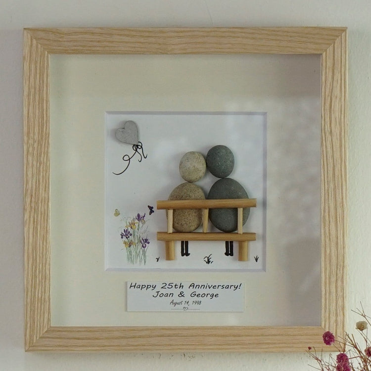 Dova Art Personalized 25th Wedding Anniversary Pebble Art, Couple Pebble Picture Framed Art - 8x8 inch Frame with Stand for Desktop or Wall Hanging by Dovaart.com