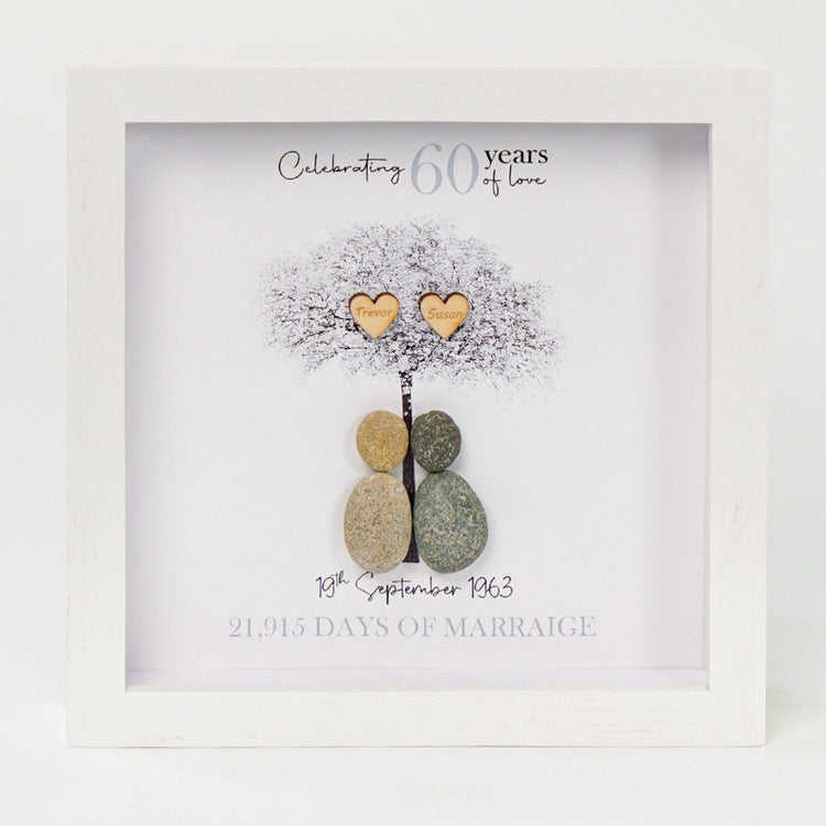 Dova Art Personalized 60th Wedding Anniversary Pebble Art, Couple Pebble Picture Framed Art - 8x8 inch Frame with Stand for Desktop or Wall Hanging by Dovaart.com