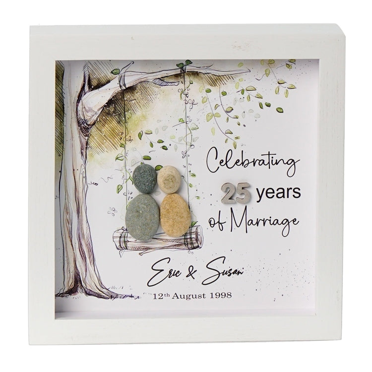 Dova Art Personalized Celebrating 25th of Marriage Wedding Anniversary Pebble Art, Couple Pebble Picture Framed Art - 8x8 inch Frame with Stand for Desktop or Wall Hanging by Dovaart.com