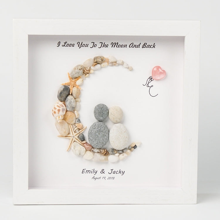 Dova Art Personalized Couple Love To The Moon And Back Pebble Art, Couple Pebble Picture Framed Art - 8x8 inch Frame with Stand for Desktop or Wall Hanging by Dovaart.com