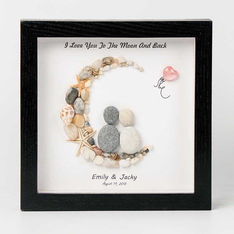 Dova Art Personalized Couple Love To The Moon And Back Pebble Art, Couple Pebble Picture Framed Art - 8x8 inch Frame with Stand for Desktop or Wall Hanging by Dovaart.com