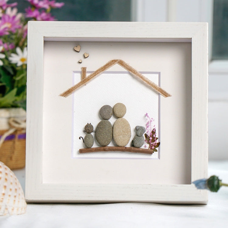 Dova Art Personalized Family With Pets Pebble Art, Pebble Picture Framed Art - 8x8 inch Frame with Stand for Desktop or Wall Hanging by Dovaart.com