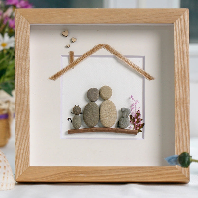 Dova Art Personalized Family With Pets Pebble Art, Pebble Picture Framed Art - 8x8 inch Frame with Stand for Desktop or Wall Hanging by Dovaart.com