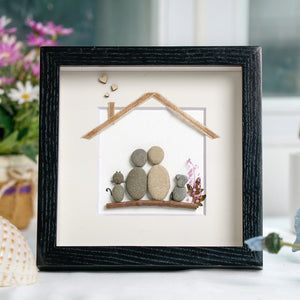 Dova Art Personalized Family With Pets Pebble Art, Pebble Picture Framed Art - 8x8 inch Frame with Stand for Desktop or Wall Hanging by Dovaart.com
