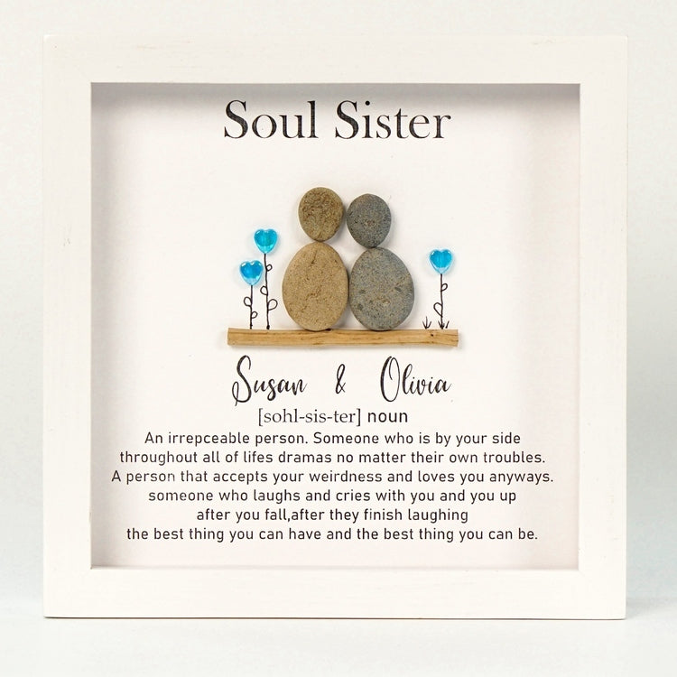 Dova Art Soul Sister Pebble Art - Frame Pebble Artwork Stand on Desktop or Wall Hanging 8x8 inch by Dovaart.com