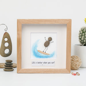 Dova Art Surf Pebble Art - Frame Pebble Artwork Stand on Desktop or Wall Hanging 8x8 inch by Dovaart.com
