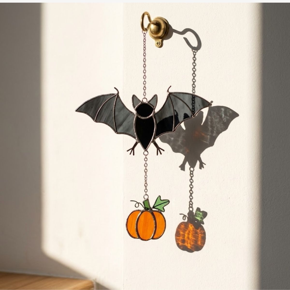 Stained Glass Bat Suncatcher, Halloween Window Decor, Gothic Bat and Pumpkin Hanging, Spooky Autumn Home Decor, Witchy Gift