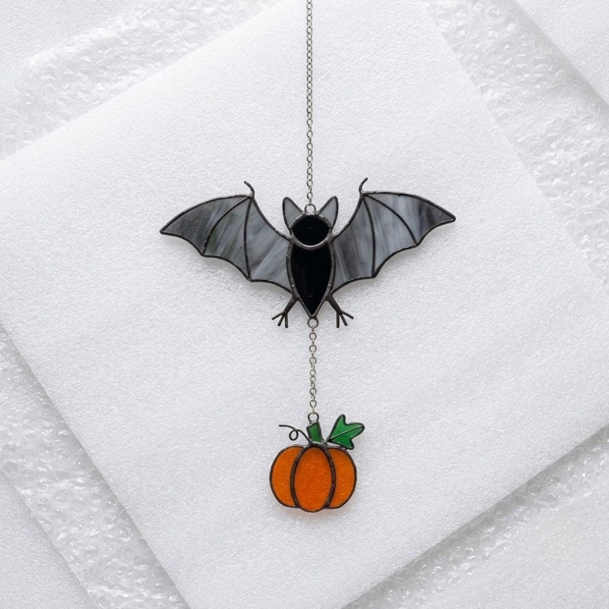 Stained Glass Bat Suncatcher, Halloween Window Decor, Gothic Bat and Pumpkin Hanging, Spooky Autumn Home Decor, Witchy Gift