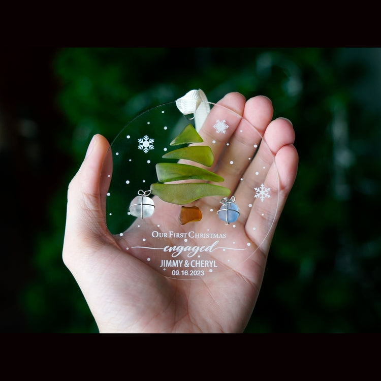 Engaged Christmas Ornament - Custom Greenery Engagement Keepsake, Personalized Our First Christmas Engaged Sea Glass Ornament by Dovaart.com