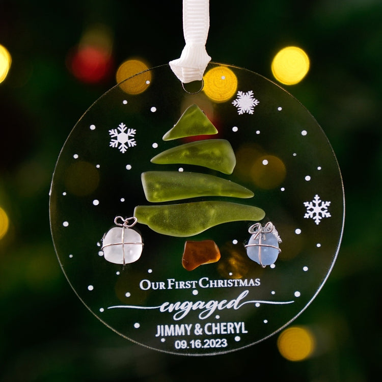 Engaged Christmas Ornament - Custom Greenery Engagement Keepsake, Personalized Our First Christmas Engaged Sea Glass Ornament by Dovaart.com