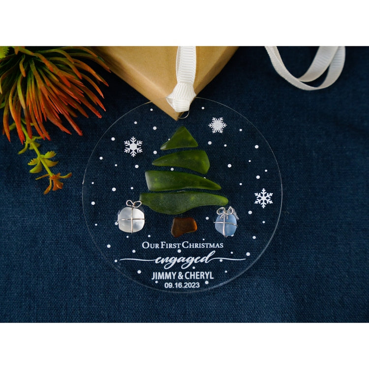 Engaged Christmas Ornament - Custom Greenery Engagement Keepsake, Personalized Our First Christmas Engaged Sea Glass Ornament by Dovaart.com
