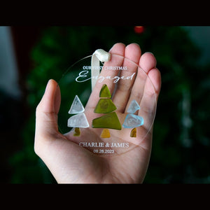 Engaged Christmas Ornament - Custom Name Greenery Engagement Keepsake, Personalized Our First Christmas Engaged Sea Glass Ornament by Dovaart.com