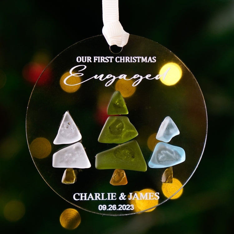 Engaged Christmas Ornament - Custom Name Greenery Engagement Keepsake, Personalized Our First Christmas Engaged Sea Glass Ornament by Dovaart.com