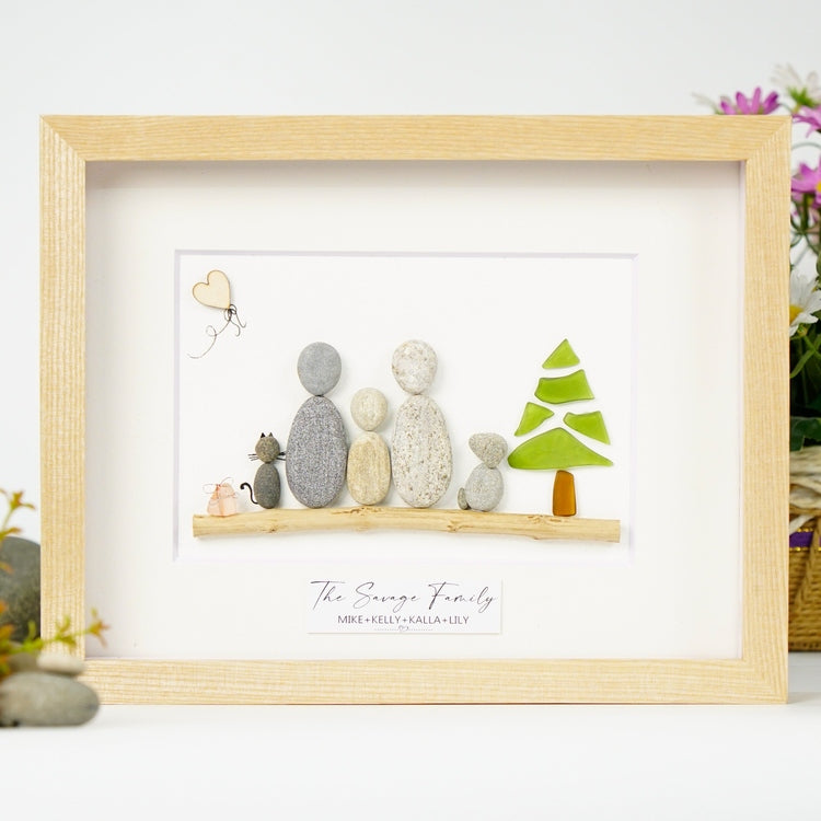 Family Portrait With Pets Christmas Sea Glass Tree Art - Christmas Custom Portrait by Dovaart.com