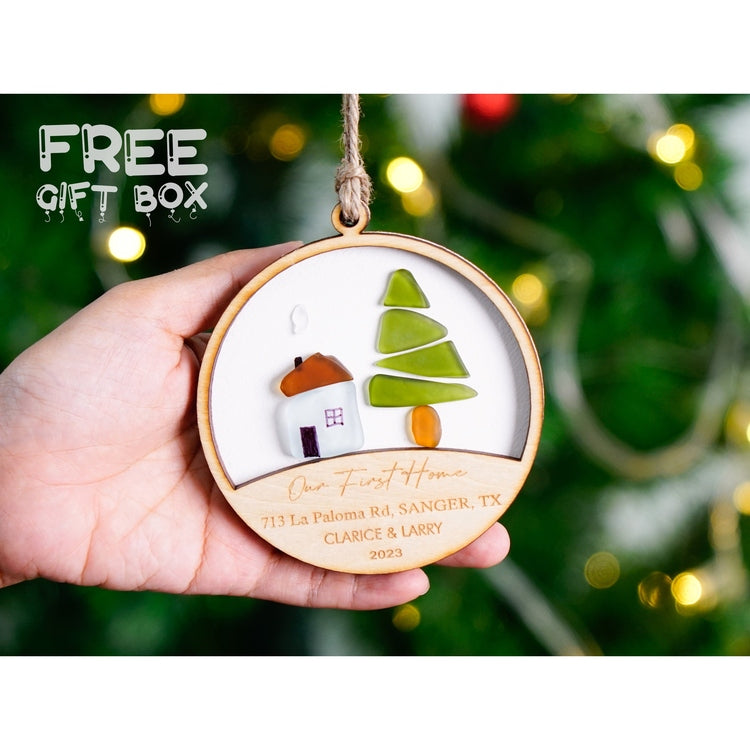 First Christmas In Our New Home Wood Ornament, Personalized First Home Tree Sea Glass Ornament, Housewarming, New Home Gift, Sea Glass Art Ornament Christmas by Dovaart.com