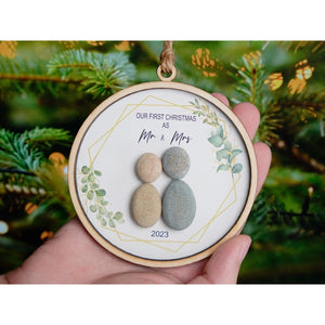 First Christmas as Mr and Mrs Ornament 2023, Newlyweds Wood Pebble Ornament 4 Inch by Dovaart.com