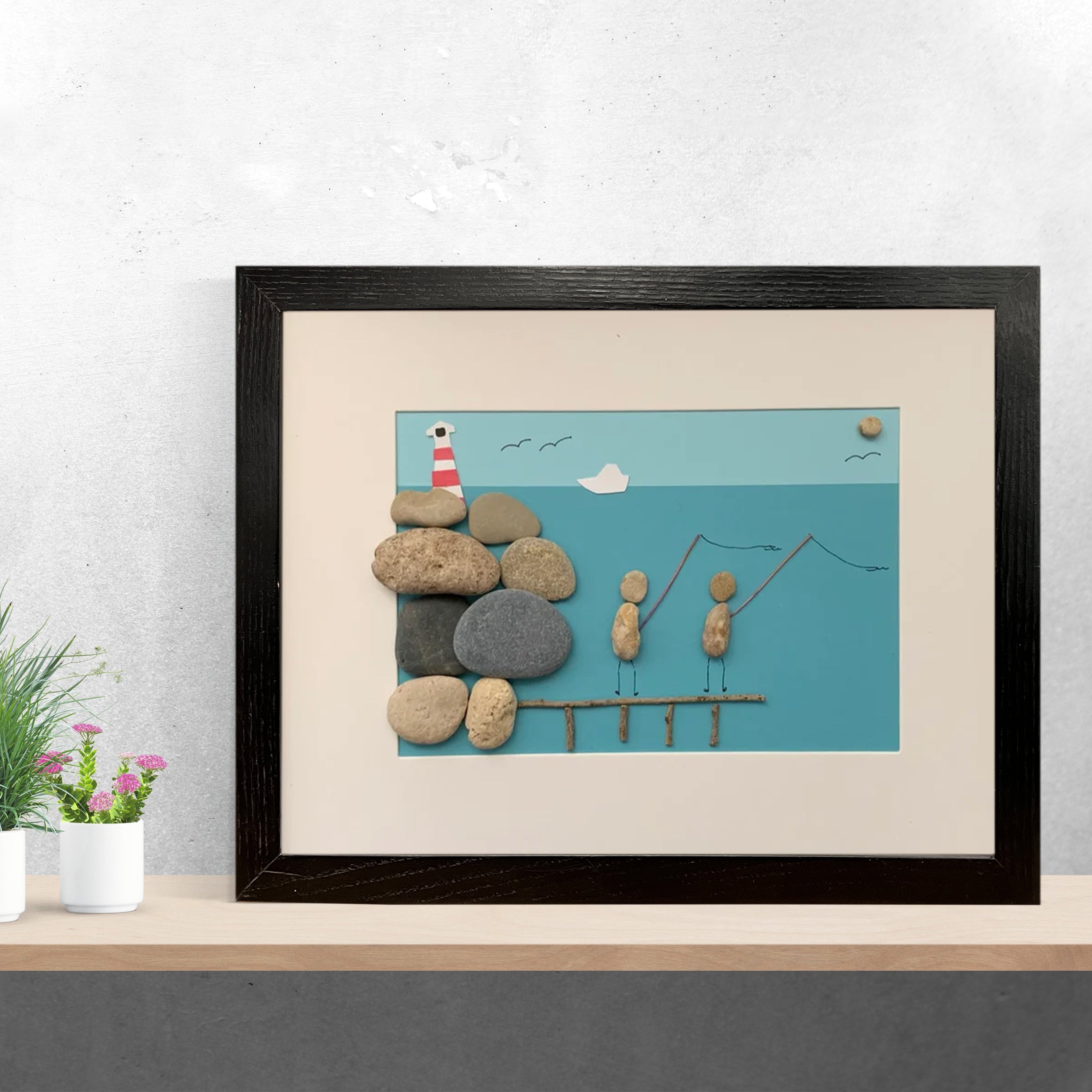 Charming Fishing Scene Art Frame, Perfect Birthday Gift for Uncle, Pebble Art For Uncle