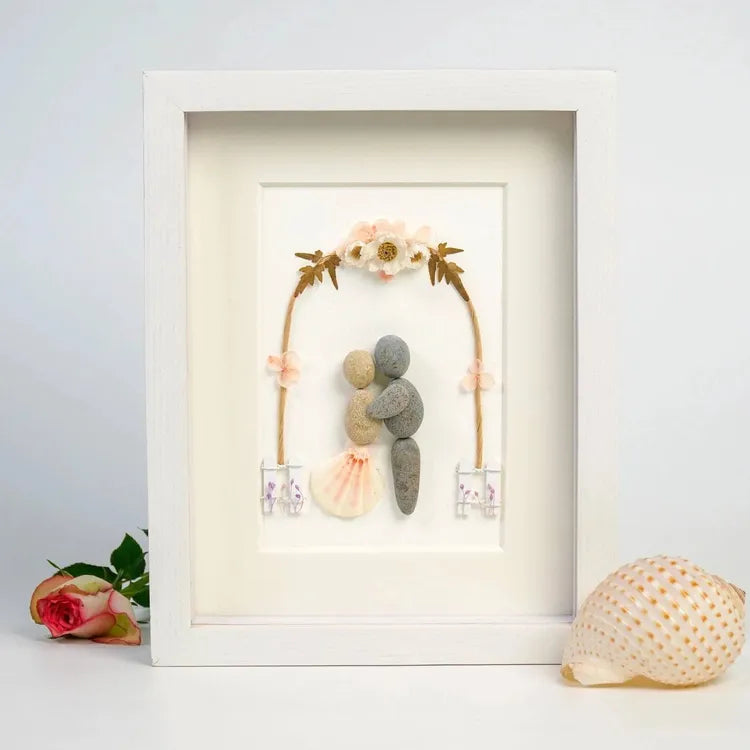 Handmade pebbles Present for the wedding day has flower gate framed wall hanging art, desktop by Dovaart.com