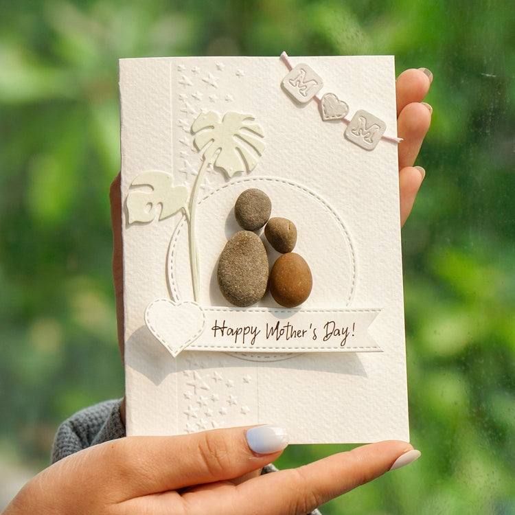Happy Mother's Day Mom and Children Pebble Card, Handmade Pebble Artwork Cards by Dovaart.com