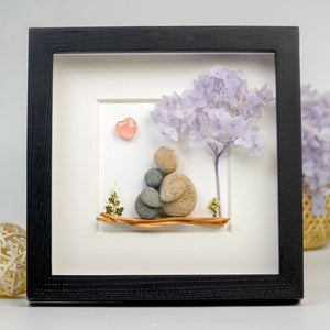 Handmade Pebble Art of Mother Hugging Children Under Tree, Personalized Mom Gifts, Pebble Art For Mom by Dovaart.com