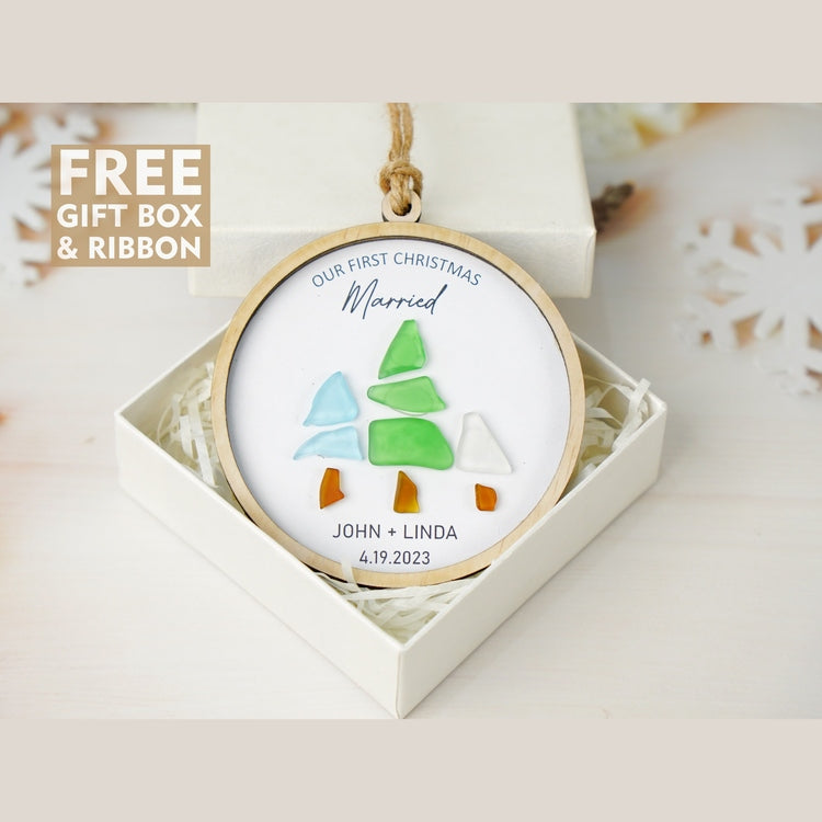 Our First Christmas Married Sea Glass Christmas Ornament, Custom Name Date Wedding Party Christmas Ornament Gift Wedding Couple Gift by Dovaart.com