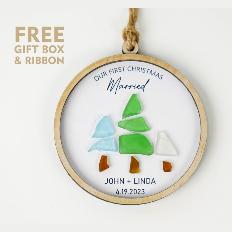 Our First Christmas Married Sea Glass Christmas Ornament, Custom Name Date Wedding Party Christmas Ornament Gift Wedding Couple Gift by Dovaart.com