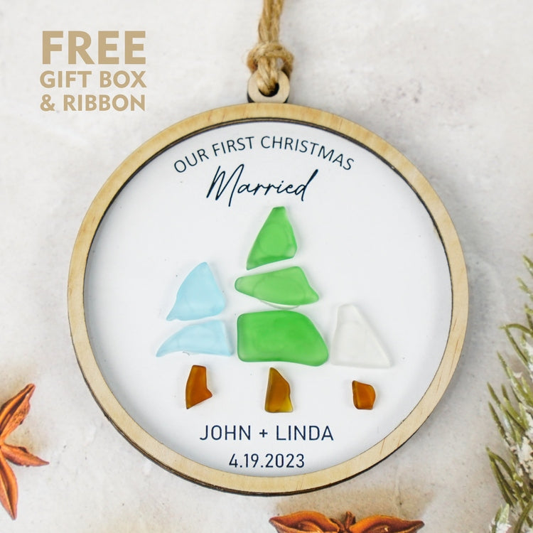 Our First Christmas Married Sea Glass Christmas Ornament, Custom Name Date Wedding Party Christmas Ornament Gift Wedding Couple Gift by Dovaart.com