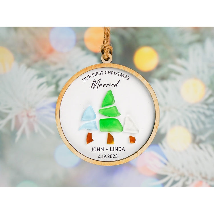 Our First Christmas Married Sea Glass Christmas Ornament, Custom Name Date Wedding Party Christmas Ornament Gift Wedding Couple Gift by Dovaart.com