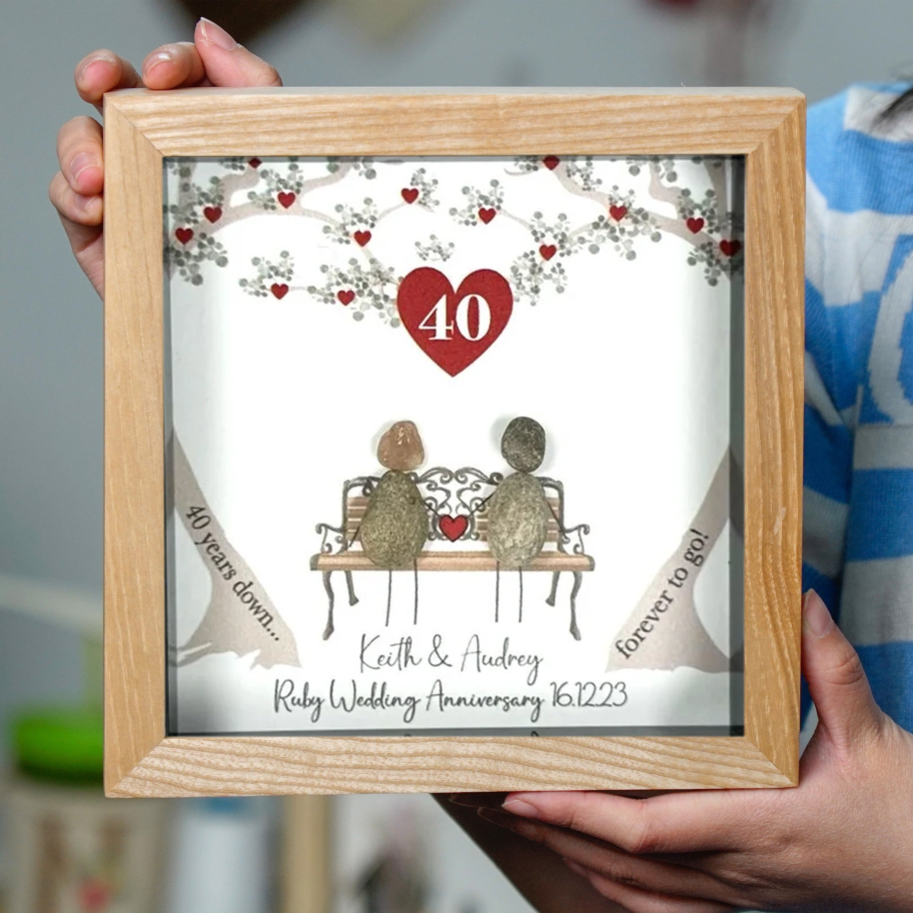 Personalized 40th Ruby Wedding Anniversary Keepsake Frame, Wedding Anniversary Pebble Art For Dad - Frame with Stand for Desktop or Wall Hanging