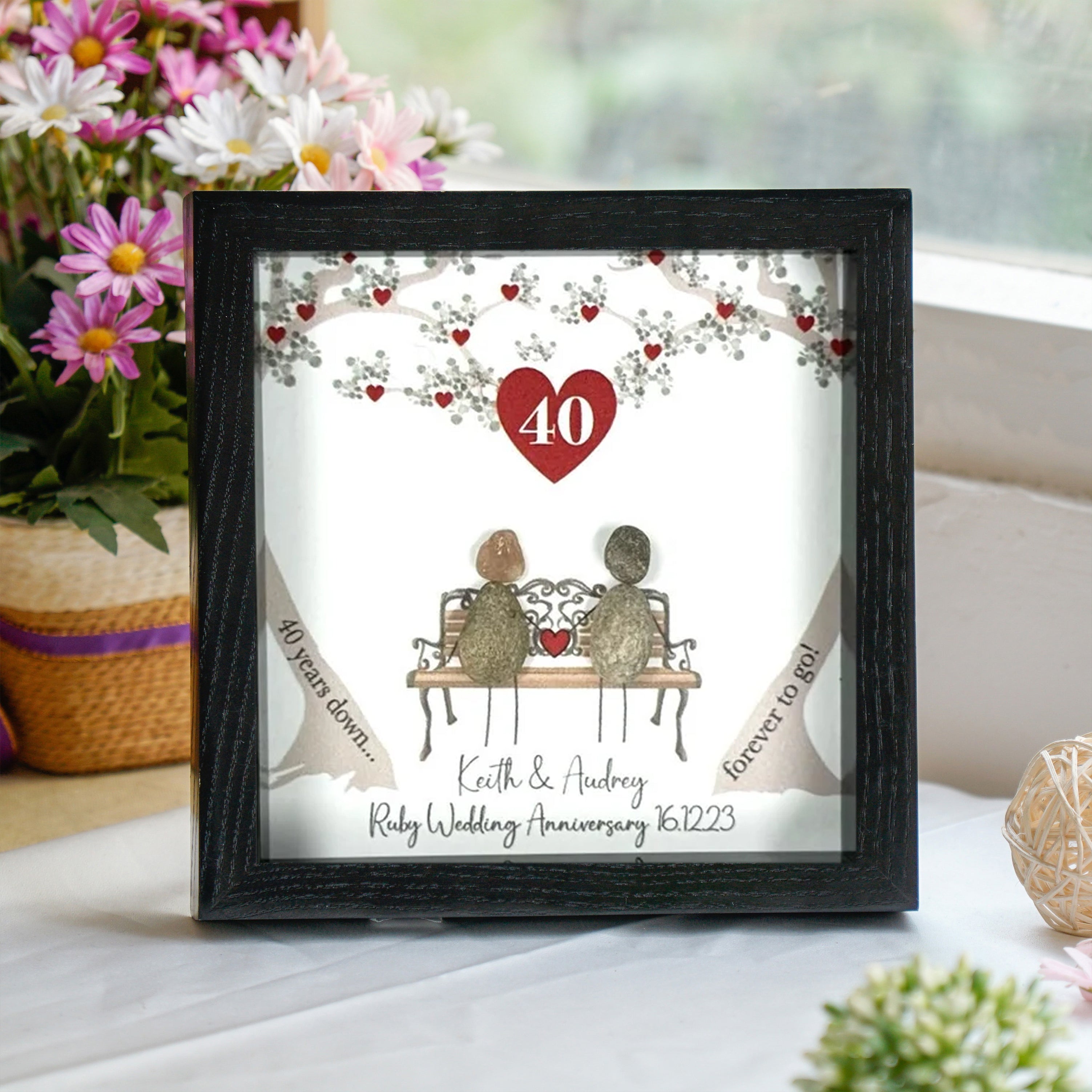 Personalized 40th Ruby Wedding Anniversary Keepsake Frame, Wedding Anniversary Pebble Art For Dad - Frame with Stand for Desktop or Wall Hanging