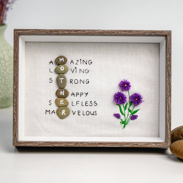 Personalized Embroidery Frame, Amazing Loving Strong Happy Selfless Graceful, Gift For Mom, Pebble Art For Mom by Dovaart.com