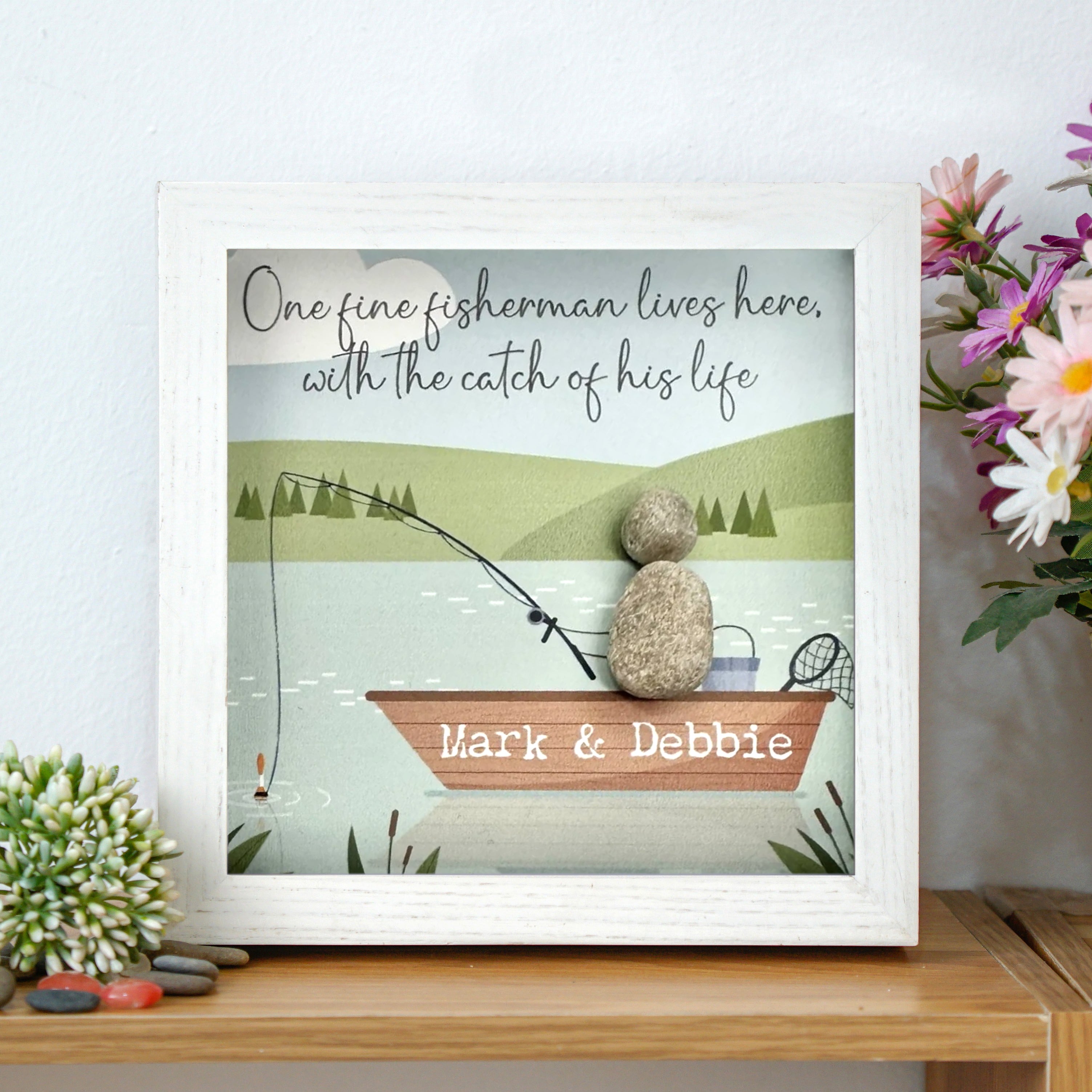 Personalized Fisherman and His Catch Keepsake Frame, Retirement Pebble Art For Dad, Gift For Dad, Best Daddy Present