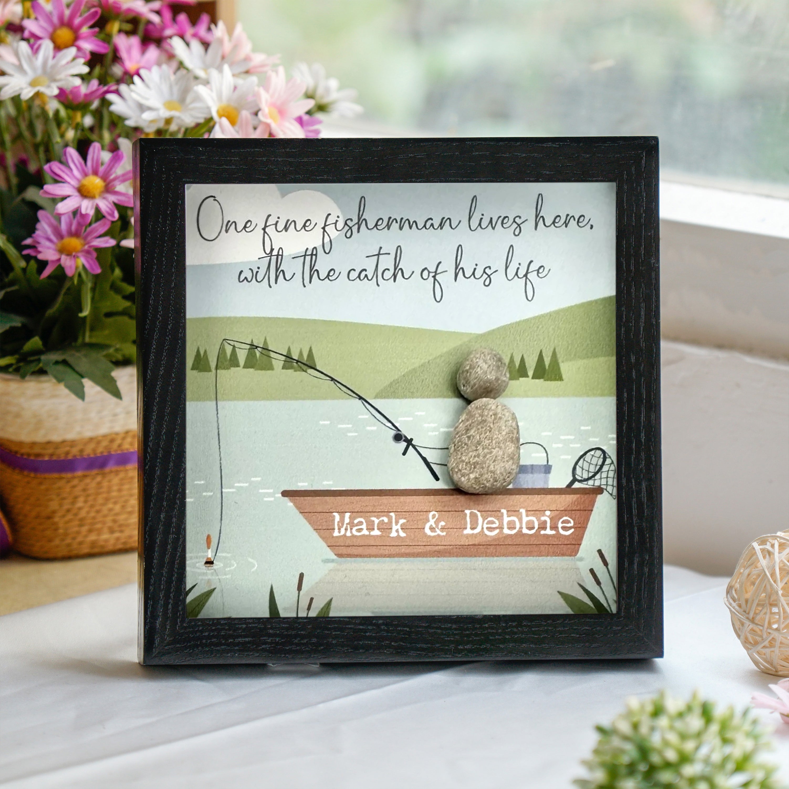 Personalized Fisherman and His Catch Keepsake Frame, Retirement Pebble Art For Dad, Gift For Dad, Best Daddy Present