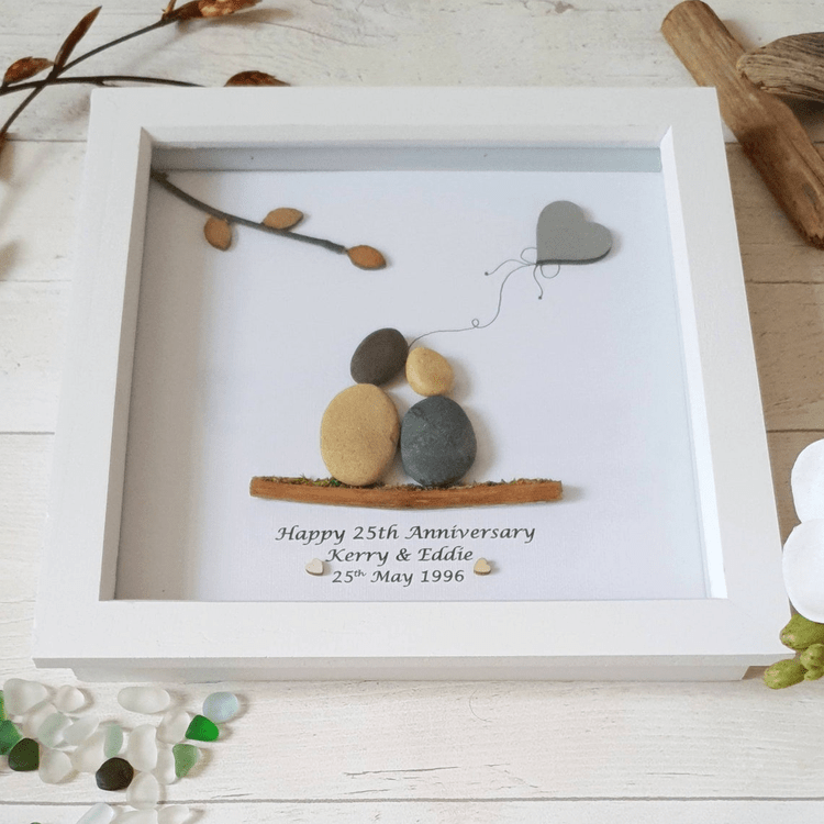 Personalized 25th Anniversary Pebble Art - Gift for Husband or Wife - Wall or Tabletop Decoration with Framed Pebble Artwork - 8x8 Inches by Dovaart.com