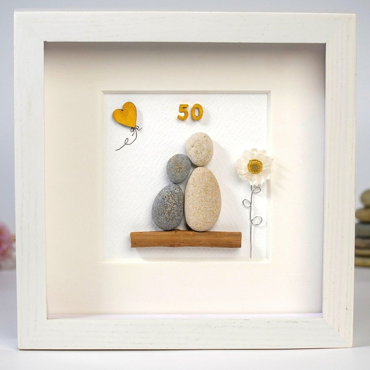 Personalized 50th Anniversary Pebble Art - Gift for Mother and Father - Wall or Tabletop Decoration with Framed Pebble Artwork - 8x8 Inches by Dovaart.com
