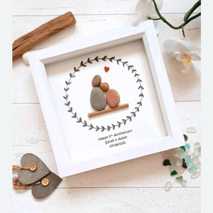 Personalized 5th Wedding Anniversary Pebble Art - Gift for Husband or Wife - Wall or Tabletop Decoration with Framed Pebble Artwork - White Frame, 8x8 Inches by Dovaart.com