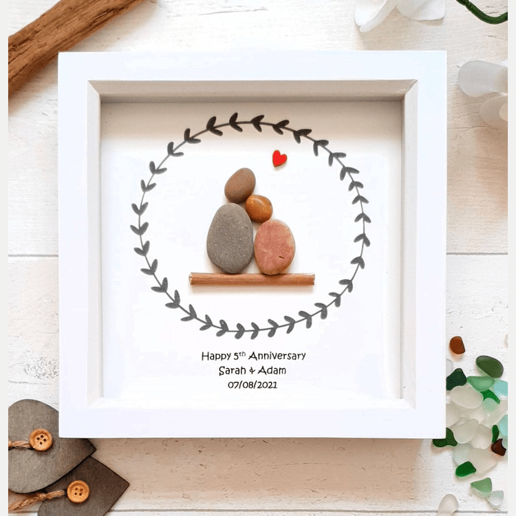 Personalized 5th Wedding Anniversary Pebble Art - Gift for Husband or Wife - Wall or Tabletop Decoration with Framed Pebble Artwork - White Frame, 8x8 Inches by Dovaart.com