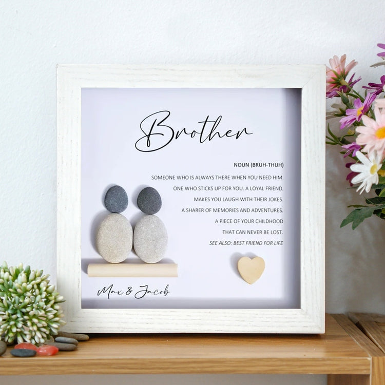 Personalized Brother Meaning Pebble Art - Birthday Gift Brother - Frame Pebble Artwork Desktop or Wall Hanging 8x8 inch by Dovaart.com
