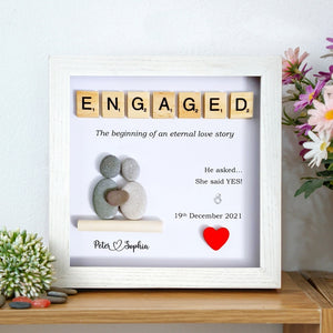 Personalized Engaged Pebble Art - Birthday Gift Engaged - 8x8 inch Frame with Stand for Desktop or Wall Hanging by Dovaart.com