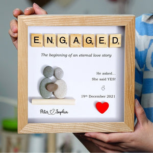 Personalized Engaged Pebble Art - Birthday Gift Engaged - 8x8 inch Frame with Stand for Desktop or Wall Hanging by Dovaart.com